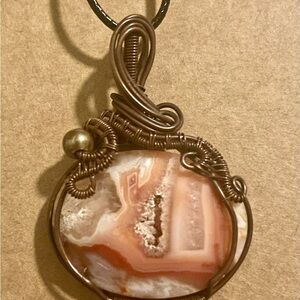 Handcrafted Copper Wire Wrapped Carnelian Gemstone Crystal Pendant Necklace